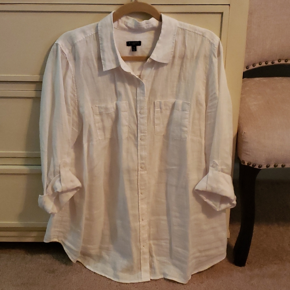 Talbots Woman's White Linen Blouse w/tab sleeve